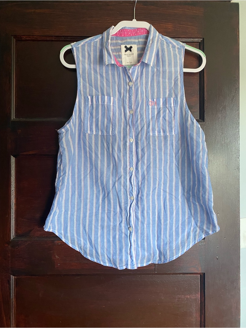 Gilly Hicks Sydney Blue White Pink Striped Sleeveless Button Down Top Large